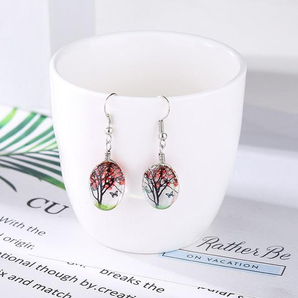 Butterfly Wishing Tree Glass Dried Flower Long Drop Earrings